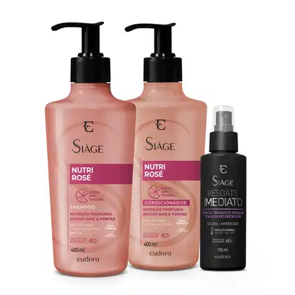 Imagem do produto Combo Siáge: Shampoo Nutri Rosé 400ml + Condicionador Nutri Rosé 400ml + Leave-in Resgate Imediato 100ml