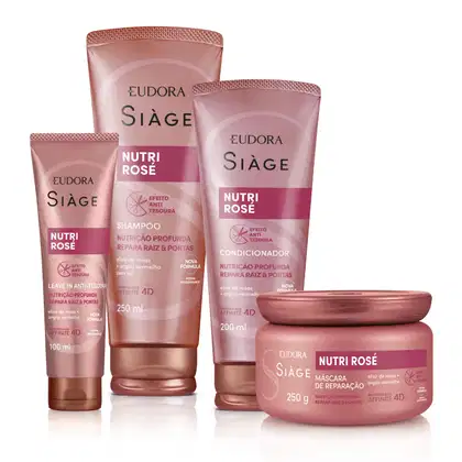 Conjunto de produtos de cuidados capilares da marca Eudora Sìage, incluindo shampoo, condicionador e máscara de tratamento na cor rosa. As embalagens apresentam rótulos com o nome da linha "Nutri Rose" e informações sobre os benefícios dos produtos.
