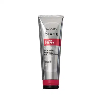 Frasco de shampoo Siàge Glow Expert, com embalagem de plástico transparente e rótulo vermelho e preto. O produto promete efeito disciplinante e brilho intenso nos cabelos.