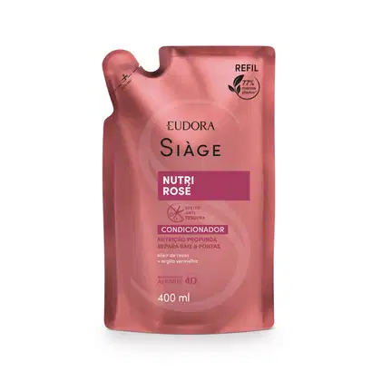 Refil de condicionador Nutri Rose da linha Siàge da marca Eudora. Embalagem flexível em tom rosa salmão com detalhes em rosa claro. Rótulo em letras brancas e rosa escuro.