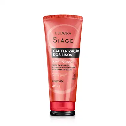 Frasco de condicionador Siàge da Eudora, com embalagem bisnaga vermelha e cinza, contendo 200 ml, tampa preta na parte inferior, . O rótulo destaca a "Cauterização dos Lisos" como principal benefício do produto.