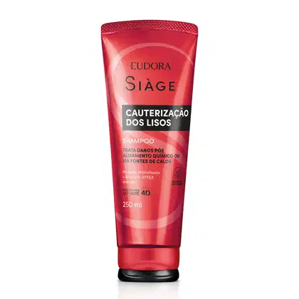 Frasco de shampoo Siàge da marca Eudora, com embalagem vermelha e cinza, indicando "Cauterização dos Lisos" como função do produto. Contém 250 ml e menciona a tecnologia Affinity 4D.