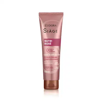 Tubo de 100 ml do leave-in anti-ressecamento Nutri Rosé da linha Siàge da Eudora, com embalagem rosa e detalhes em dourado, contendo informações sobre sua fórmula com elixir de rosas e argila vermelha.