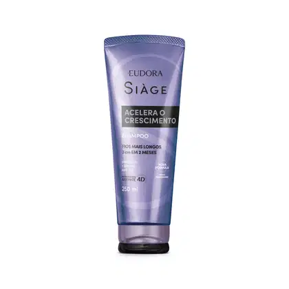Frasco de shampoo Siàge da Eudora, com 250 ml, em embalagem roxa e cinza, com texto "Acelera o crescimento" e "Fios mais longos em 2 meses".