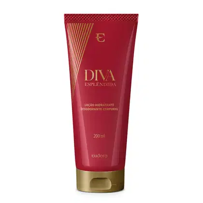 Loção hidratante desodorante corporal Diva Esplêndida em embalagem plástica vermelha de 200ml. Embalagem tubular com detalhes dourados na base. Rótulo vermelho com listras diagonais douradas e o logotipo da marca Diva em dourado. Volume de 200ml.