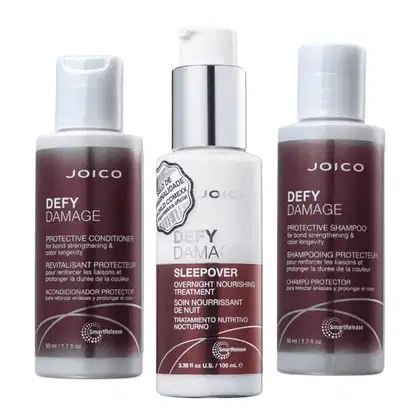Três produtos da marca Joico: Kit Joico Defy Damage  Shampoo 50ml + Condicionador 50ml + Leave-in Sleepover 100ml