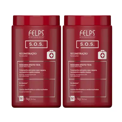 Dois frascos vermelhos da linha S.O.S. da marca Felps Professional, contendo máscara capilar de reconstrução para cabelos danificados e elásticos, com 1kg cada