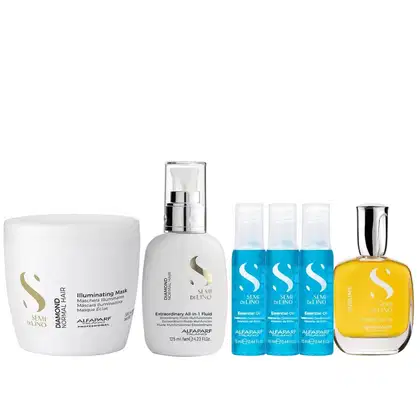 Kit Alfaparf Semi Di Lino Diamond - Máscara 500ml + Fluído 125ml + Cristalli 50ml + 3x Ampola 13ml