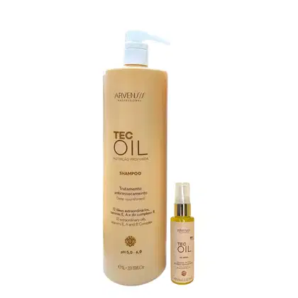 Conjunto de produtos de tratamento capilar da marca Arvenss Professional, incluindo um frasco de shampoo Tec Oil com nutrição profunda e um frasco de óleo Tec Oil.