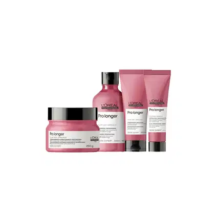 Conjunto de produtos L'Oréal Professionnel da linha Pro Longer, incluindo shampoo, condicionador e tratamento capilar em embalagens rosa e preta com detalhes em preto.