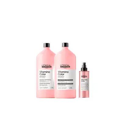 Conjunto de produtos L'Oréal Professionnel da linha Vitamino Color, incluindo shampoo, condicionador e spray em embalagens rosa com rótulos em inglês.