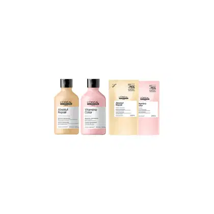 Dois frascos de shampoo e duas embalagens de refil de cada shampoo.