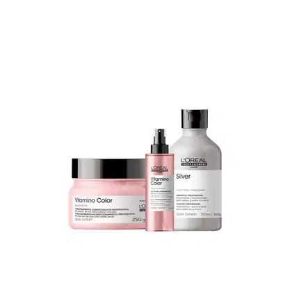 Produtos L'Oréal Professionnel: Vitamino Color - tratamento condicionante profissional em embalagem rosa; Silver - shampoo profissional em frasco branco e preto.