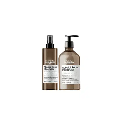 Dois frascos de produtos L'Oréal Professionnel da linha Absolut Repair Molecular, um com bomba e outro com tampa, em cores marrom e bege. Rótulos com o nome da linha e informações sobre os produtos.