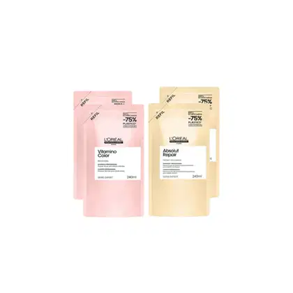 Dois pacotes de shampoo da L'Oréal Professionnel: Vitamino Color em embalagem rosa  dois e Absolut Repair em embalagem amarela, ambos com 240ml.