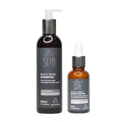 Dois produtos da linha Grandha Spa: um frasco de 250ml de Shampoo de Pérola Negra e um frasco de 30ml de Fatores de Crescimento Magma Power, ambos com embalagens pretas e cinzas.