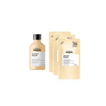 Produto de tratamento capilar da linha Absolut Repair da L'Oréal Professionnel, composto por um frasco de 300ml e três refis de 240ml, com embalagem em tons de bege e branco.