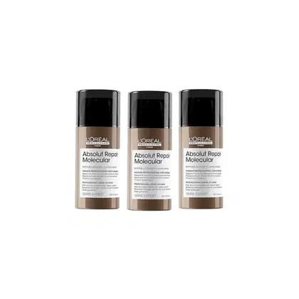 Três frascos do leave-in da linha Absolut Repair Molecular da L'Oréal Professionnel, com embalagem preta e bege, apresentando o nome do produto e informações sobre o sistema de reparação molecular.