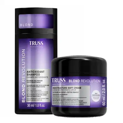 O produto de beleza da marca TRUSS apresenta um frasco preto com rótulo roxo, contendo um shampoo antioxidante para cabelos loiros. Também há um pote preto com rótulo roxo, contendo um creme reestruturante para cabelos loiros.