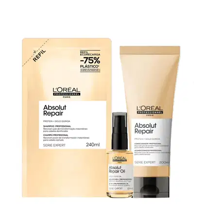 Conjunto de produtos L'Oréal Professionnel da linha Absolut Repair, incluindo shampoo de 240ml, condicionador de 200ml e óleo de 30ml, em embalagens com cores predominantes bege e preta.