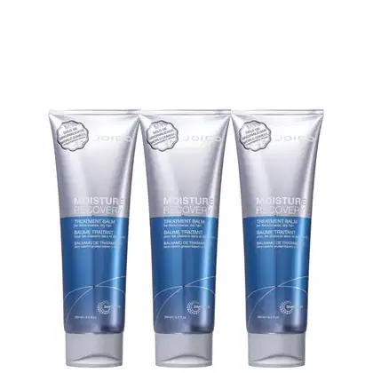 Três tubos de bálsamo de tratamento Moisture Recovery da marca Joico, com embalagem prateada e azul, contendo 250 ml cada, destinados a cabelos ressecados e danificados.