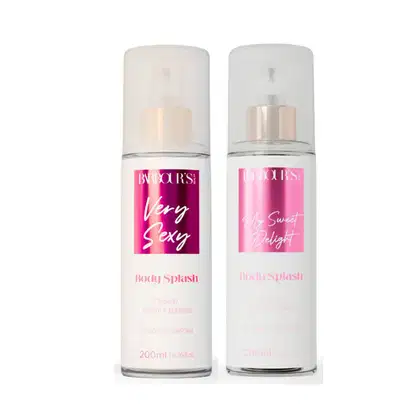 Dois frascos de body splash da marca Barbour's Beauty, com embalagens brancas e rótulos rosa com os nomes "Very Sexy" e "My Sweet Delight". Os frascos possuem formatos cilíndricos e tampas transparentes, contendo 200ml e 300ml de produto, respectivamente.