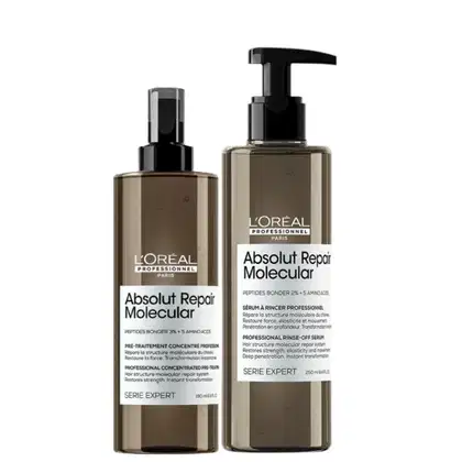 Dois frascos de produtos L'Oréal Professionnel da linha Absolut Repair Molecular, com embalagens em tons de cinza e preto. O primeiro é um pré-tratamento concentrado 190ml e o segundo, um sérum capilar de 250ml.