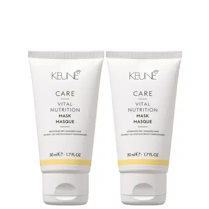 Dois frascos brancos da linha de produtos de cuidados capilares Keune Care Vital Nutrition Mask, com rótulos em branco e detalhes em amarelo, contendo 50 ml cada.