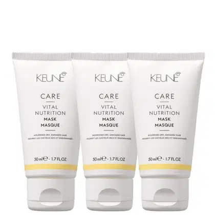 Três tubos brancos de 50 ml da linha Keune Care Vital Nutrition Mask, com rótulos em preto e amarelo, que indicam ser máscaras nutritivas para cabelos secos e danificados.