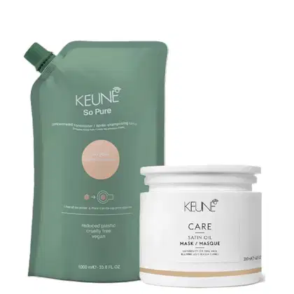 Dois produtos da marca Keune: um frasco de condicionador concentrado "So Pure" em embalagem verde e um pote de máscara "Satin Oil" em embalagem branca.