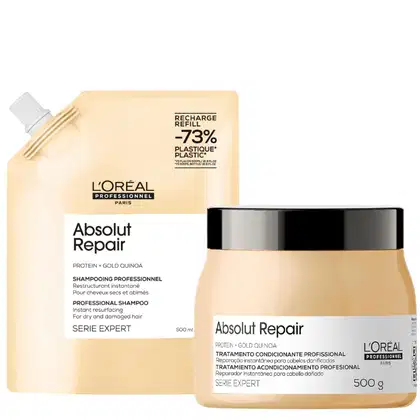 Embalagem de shampoo e tratamento da linha Absolut Repair da L'Oréal Professionnel, com fórmula à base de proteína e quinoa dourada.