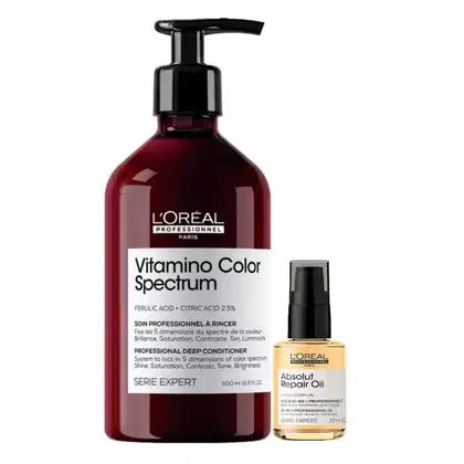 O produto é um condicionador profissional da L'Oréal Professionnel, da linha Vitamino Color Spectrum, em embalagem de 500 ml com bomba doseadora. Também é apresentado um frasco de 30 ml do óleo reparador Absolut Repair Oil da mesma marca.
