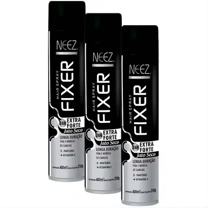 Imagem do produto Kit 3 Spray Fixador De Cabelo Profissional Neez Laque Fixação Extra Forte Jato Seco 24 Horas 400ml