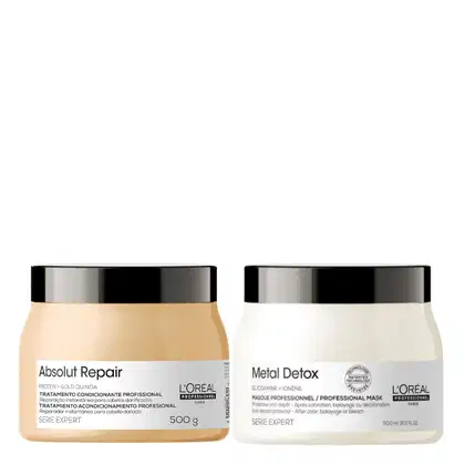 Duas máscaras de tratamento capilar da linha L'Oréal Professionnel: Absolut Repair e Metal Detox, em embalagens de 500g cada