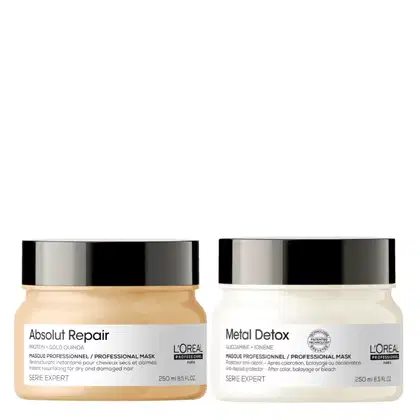 Duas máscaras de tratamento capilar da linha L'Oréal Professionnel: Absolut Repair e Metal Detox, em embalagens de 250g cada