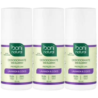 Imagem do produto Kit 3 Desodorante Boni Natural Roll-On Natural Coco E Magnésio Vegano Lavanda 24Hrs Proteção 55ml