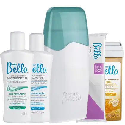 Imagem do produto Kit Depil Bella Completo com Aquecedor Roll-On, Refill Cera de Mel, Loção Adstringente, Óleo Pós Depilação e Lenços Depilatórios