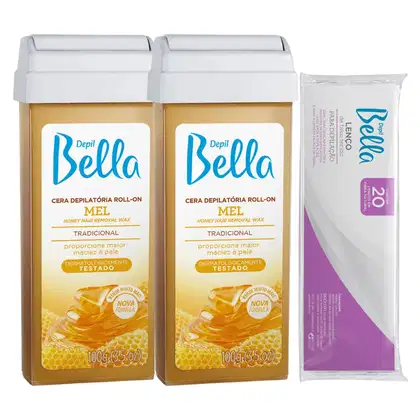 Imagem do produto Cera Quente Roll-on Mel Depil Bella Kit 2 unidades + Lenço Depilatórios 20 Folhas