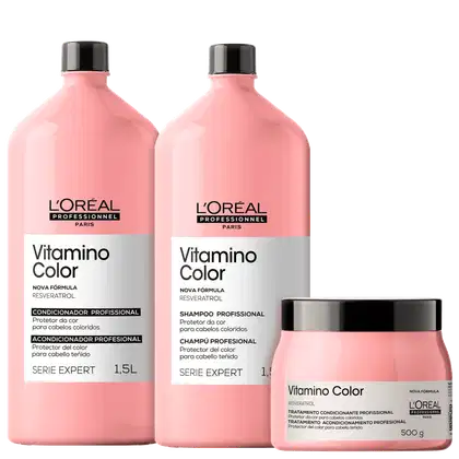 Kit L'Oréal Professionnel Serie Expert Vitamino Color Salon Trio com shampoo, condicionador e máscara capilar.
