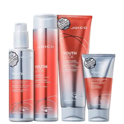Linha de produtos Joico Youth Lock, incluindo shampoo, condicionador, máscara de tratamento e creme para secagem, todos com embalagens em tons de vermelho e branco e rótulos destacando o uso de colágeno.