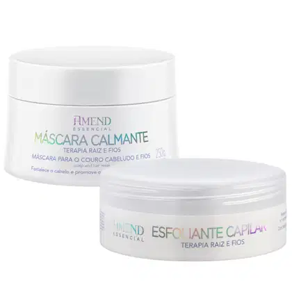 Dois produtos Amend Essencial: uma máscara capilar calmante em embalagem branca e um esfoliante capilar em embalagem branca, ambos com rótulos indicando a terapia raiz e fios.