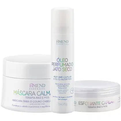 Conjunto de produtos Amend Essencial, incluindo máscara capilar, óleo perfumado e esfoliante capilar, em embalagens brancas com detalhes em azul e verde, exibindo os nomes e descrições dos produtos.