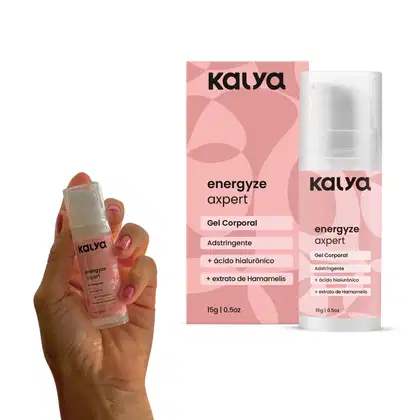 O produto Kalya Energyze Expert é um gel corporal adstringente com ácido hialurônico e extrato de hamamelis, apresentado em um frasco branco com rótulo rosa.