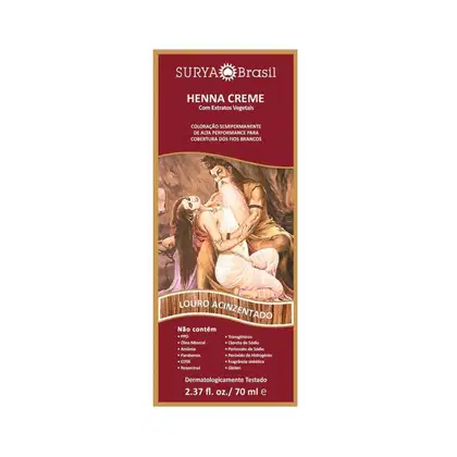 Creme de henna da marca Surya Brasil, com embalagem em vermelho e dourado, contendo informações sobre os ingredientes vegetais e características do produto para coloração semipermanente dos cabelos.