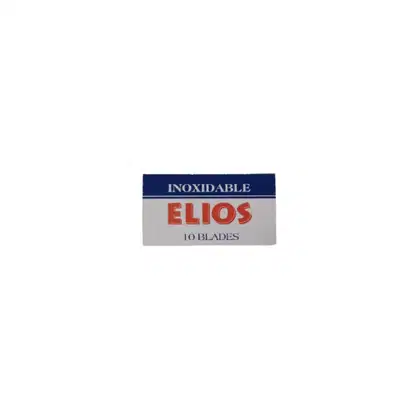 Caixa de lâminas de barbear Elios, com 10 unidades, em embalagem retangular de cores azul e cinza, com texto "INOXIDABLE ELIOS" em destaque.