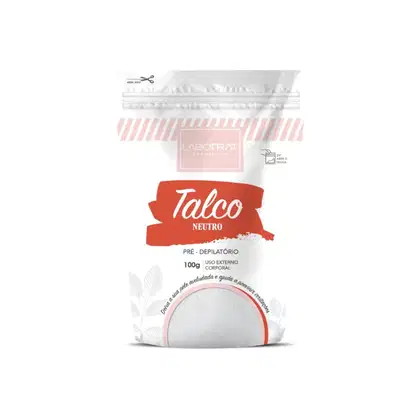 O produto apresentado é um pré-depilatório da marca Labotrat, chamado Talco Neutro. O rótulo também indica que o produto é para uso externo corporal e possui 100g de conteúdo.