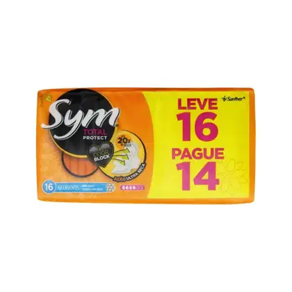 Pacote de absorventes íntimos Sym Total Protect, com 16 unidades, em embalagem laranja e amarela, destacando o texto "Leve 16 pague 14".