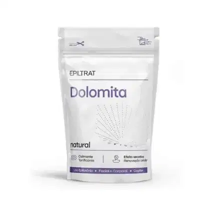 Pacote branco de Dolomita, um produto de beleza da marca Labotrat, com informações sobre seu uso em tratamentos faciais, corporais e capilares, além de seus benefícios como calmante e tonificante.