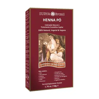 Caixa de Henna Pó da Surya Brasil, com coloração natural e tratamento cosmético capilar, 100% natural, vegetal e vegana, com imagem de ilustração na embalagem.