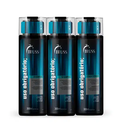 Kit com shampoos e condicionador Uso Obrigatório, da marca TRUSS.